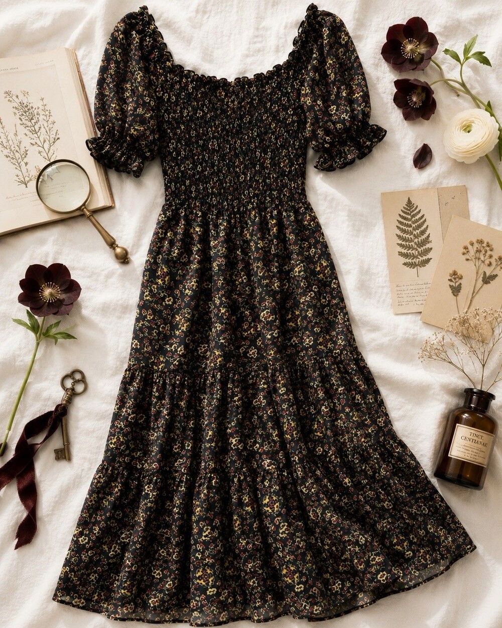 Max Studio Smocked Floral Puff Sleeve Maxi Dress S